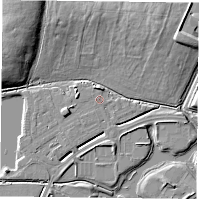 Shaded relief map of the ground around RG26BS, computed from Environment Agency LiDAR. The ground here sits at about 40 m above sea level and falls 17 m across the surrounding 800 m. Surface water reaching this point runs off ground lying to the west-south-west, 7.1 m higher.