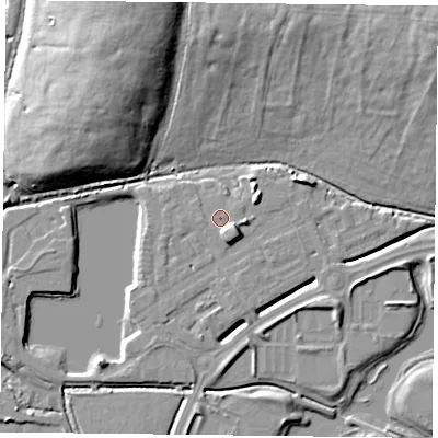 Shaded relief map of the ground around RG26BT, computed from Environment Agency LiDAR. The ground here sits at about 40 m above sea level and falls 17 m across the surrounding 800 m. Surface water reaching this point runs off ground lying to the south-east, 3.9 m higher.