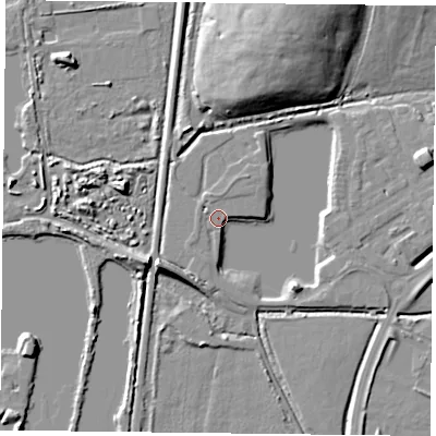 Shaded relief map of the ground around RG26BU, computed from Environment Agency LiDAR. The ground here sits at about 40 m above sea level and falls 16 m across the surrounding 800 m. Surface water reaching this point runs off ground lying to the south-east, 5.1 m higher.