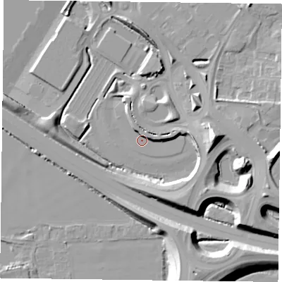 Shaded relief map of the ground around RG26DA, computed from Environment Agency LiDAR. The ground here sits at about 41 m above sea level and falls 14 m across the surrounding 800 m. Surface water reaching this point runs off ground lying to the east, 3.7 m higher.