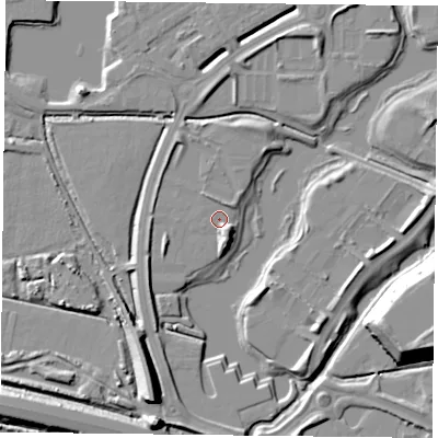Shaded relief map of the ground around RG26GF, computed from Environment Agency LiDAR. The ground here sits at about 39 m above sea level and falls 15 m across the surrounding 800 m. Surface water reaching this point runs off ground lying to the south-south-east, 3.4 m higher.