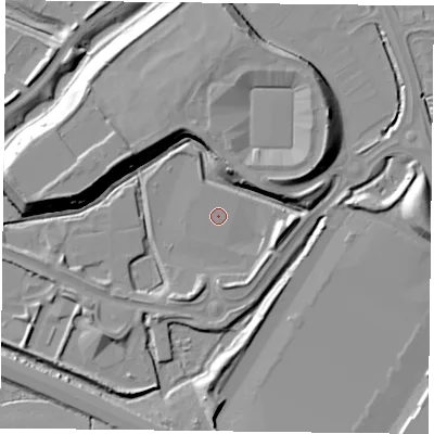 Shaded relief map of the ground around RG26UE, computed from Environment Agency LiDAR. The ground here sits at about 39 m above sea level and falls 15 m across the surrounding 800 m. Surface water reaching this point runs off ground lying to the north-east, 9.6 m higher.