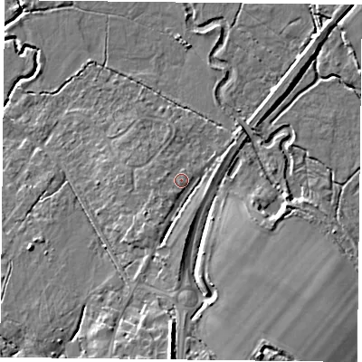 Shaded relief map of the ground around RG270AA, computed from Environment Agency LiDAR. The ground here sits at about 56 m above sea level and falls 13 m across the surrounding 800 m. Surface water reaching this point runs off ground lying to the south, 9.3 m higher.