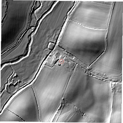 Shaded relief map of the ground around RG270AT, computed from Environment Agency LiDAR. The ground here sits at about 54 m above sea level and falls 19 m across the surrounding 800 m. Surface water reaching this point runs off ground lying to the south-south-east, 3.9 m higher.