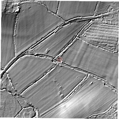 Shaded relief map of the ground around RG270BL, computed from Environment Agency LiDAR. The ground here sits at about 55 m above sea level and falls 10 m across the surrounding 800 m. Surface water reaching this point runs off ground lying to the east, 5.1 m higher.