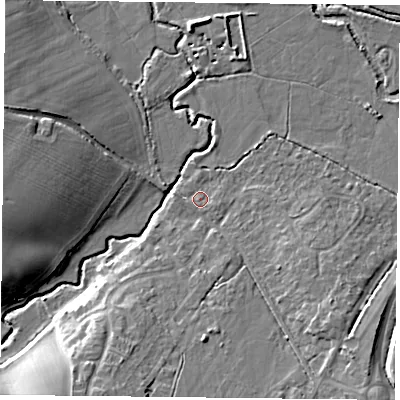 Shaded relief map of the ground around RG270DG, computed from Environment Agency LiDAR. The ground here sits at about 54 m above sea level and falls 12 m across the surrounding 800 m. Surface water reaching this point runs off ground lying to the south-south-west, 8.4 m higher.