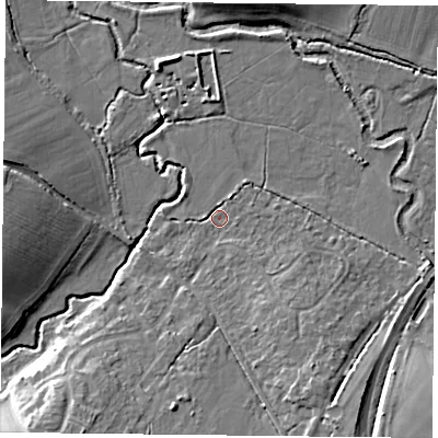 Shaded relief map of the ground around RG270DH, computed from Environment Agency LiDAR. The ground here sits at about 53 m above sea level and falls 10 m across the surrounding 800 m. Surface water reaching this point runs off ground lying to the south-south-east, 4.2 m higher.