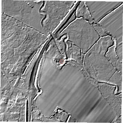 Shaded relief map of the ground around RG270DL, computed from Environment Agency LiDAR. The ground here sits at about 55 m above sea level and falls 13 m across the surrounding 800 m. Surface water reaching this point runs off ground lying to the south-south-west, 4.1 m higher.