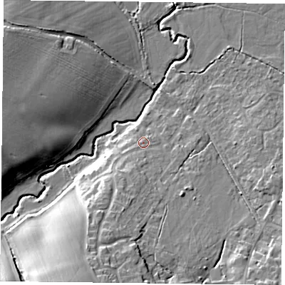 Shaded relief map of the ground around RG270DY, computed from Environment Agency LiDAR. The ground here sits at about 56 m above sea level and falls 15 m across the surrounding 800 m. Surface water reaching this point runs off ground lying to the south-south-west, 5.4 m higher.