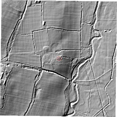 Shaded relief map of the ground around RG270HE, computed from Environment Agency LiDAR. The ground here sits at about 65 m above sea level and falls 19 m across the surrounding 800 m. The ground contributing surface water to this point lies to the west-south-west.