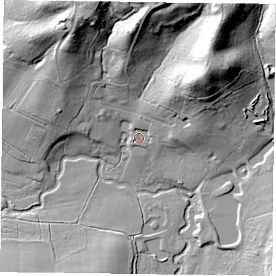 Shaded relief map of the ground around RG270JN, computed from Environment Agency LiDAR. The ground here sits at about 58 m above sea level and falls 40 m across the surrounding 800 m. Surface water reaching this point runs off ground lying to the north-east, 16.3 m higher.