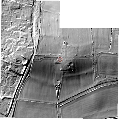 Shaded relief map of the ground around RG270JQ, computed from Environment Agency LiDAR. The ground here sits at about 80 m above sea level and falls 23 m across the surrounding 800 m. Surface water reaching this point runs off ground lying to the east-north-east, 1.3 m higher.