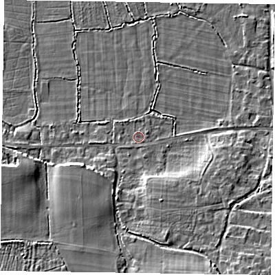 Shaded relief map of the ground around RG270NJ, computed from Environment Agency LiDAR. The ground here sits at about 54 m above sea level and falls 12 m across the surrounding 800 m. Surface water reaching this point runs off ground lying to the south-west, 0.9 m higher.