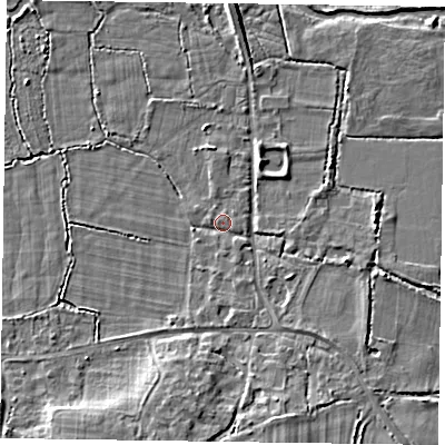 Shaded relief map of the ground around RG270NN, computed from Environment Agency LiDAR. The ground here sits at about 54 m above sea level and falls 8 m across the surrounding 800 m. Surface water reaching this point runs off ground lying to the south-east, 1.2 m higher.