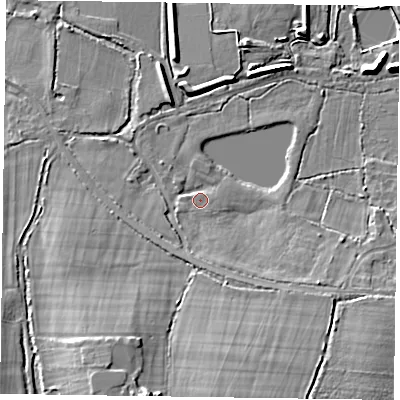 Shaded relief map of the ground around RG270NQ, computed from Environment Agency LiDAR. The ground here sits at about 57 m above sea level and falls 14 m across the surrounding 800 m. Surface water reaching this point runs off ground lying to the south, 3.8 m higher.