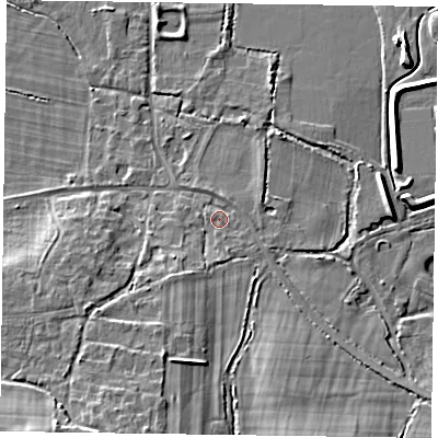 Shaded relief map of the ground around RG270NS, computed from Environment Agency LiDAR. The ground here sits at about 57 m above sea level and falls 12 m across the surrounding 800 m. Surface water reaching this point runs off ground lying to the south-south-east, 6.5 m higher.