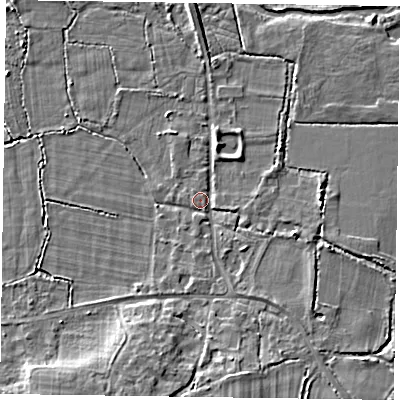 Shaded relief map of the ground around RG270NW, computed from Environment Agency LiDAR. The ground here sits at about 54 m above sea level and falls 8 m across the surrounding 800 m. Surface water reaching this point runs off ground lying to the south-south-east, 2.9 m higher.