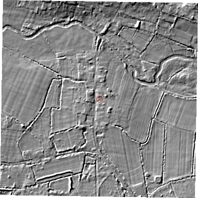 Shaded relief map of the ground around RG270PJ, computed from Environment Agency LiDAR. The ground here sits at about 50 m above sea level and falls 8 m across the surrounding 800 m. Surface water reaching this point runs off ground lying to the south-south-east, 2.7 m higher.