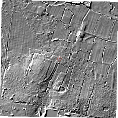 Shaded relief map of the ground around RG270QU, computed from Environment Agency LiDAR. The ground here sits at about 51 m above sea level and falls 13 m across the surrounding 800 m. Surface water reaching this point runs off ground lying to the south-south-west, 1.3 m higher.