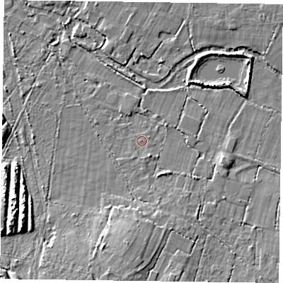 Shaded relief map of the ground around RG270QZ, computed from Environment Agency LiDAR. The ground here sits at about 49 m above sea level and falls 10 m across the surrounding 800 m. Surface water reaching this point runs off ground lying to the south-south-east, 0.9 m higher.