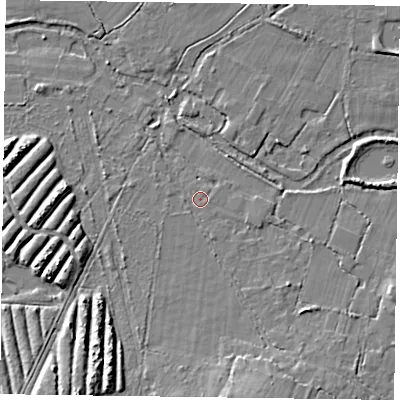 Shaded relief map of the ground around RG270RA, computed from Environment Agency LiDAR. The ground here sits at about 48 m above sea level and falls 8 m across the surrounding 800 m. Surface water reaching this point runs off ground lying to the south-south-east, 0.9 m higher.