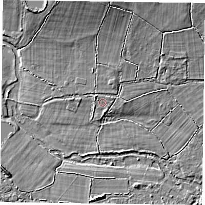 Shaded relief map of the ground around RG270RB, computed from Environment Agency LiDAR. The ground here sits at about 48 m above sea level and falls 9 m across the surrounding 800 m. Surface water reaching this point runs off ground lying to the east-north-east, 0.8 m higher.