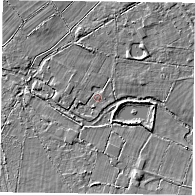Shaded relief map of the ground around RG270RD, computed from Environment Agency LiDAR. The ground here sits at about 48 m above sea level and falls 5 m across the surrounding 800 m. Surface water reaching this point runs off ground lying to the north-north-east, 1.3 m higher.