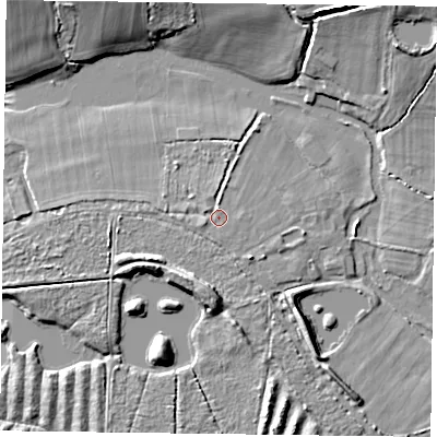 Shaded relief map of the ground around RG270RJ, computed from Environment Agency LiDAR. The ground here sits at about 48 m above sea level and falls 10 m across the surrounding 800 m. Surface water reaching this point runs off ground lying to the west-south-west, 1.0 m higher.