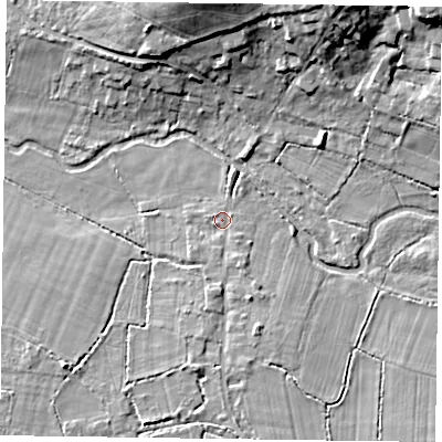 Shaded relief map of the ground around RG270RL, computed from Environment Agency LiDAR. The ground here sits at about 49 m above sea level and falls 14 m across the surrounding 800 m. Surface water reaching this point runs off ground lying to the south-south-east, 1.3 m higher.