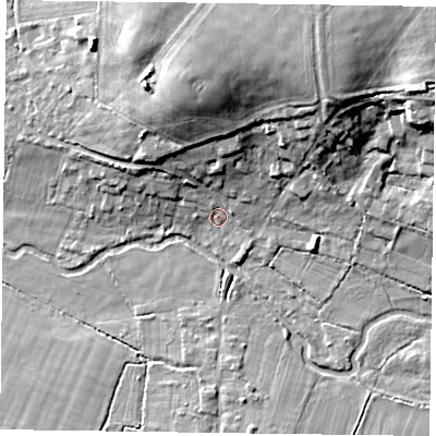 Shaded relief map of the ground around RG270RP, computed from Environment Agency LiDAR. The ground here sits at about 49 m above sea level and falls 18 m across the surrounding 800 m. Surface water reaching this point runs off ground lying to the north, 13.5 m higher.