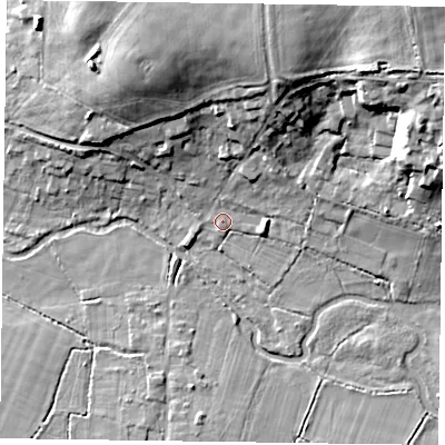 Shaded relief map of the ground around RG270RR, computed from Environment Agency LiDAR. The ground here sits at about 50 m above sea level and falls 19 m across the surrounding 800 m. Surface water reaching this point runs off ground lying to the north-north-east, 15.7 m higher.