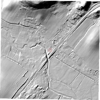 Shaded relief map of the ground around RG278AF, computed from Environment Agency LiDAR. The ground here sits at about 57 m above sea level and falls 37 m across the surrounding 800 m. Surface water reaching this point runs off ground lying to the north-east, 34.0 m higher.