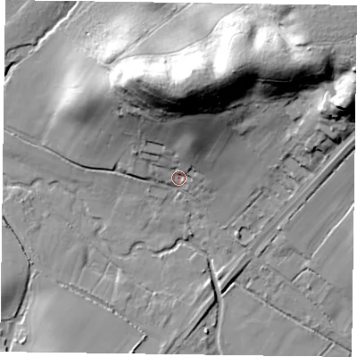 Shaded relief map of the ground around RG278AG, computed from Environment Agency LiDAR. The ground here sits at about 60 m above sea level and falls 38 m across the surrounding 800 m. Surface water reaching this point runs off ground lying to the north-north-east, 17.1 m higher.