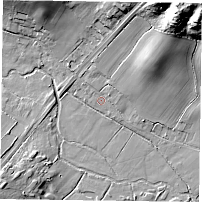 Shaded relief map of the ground around RG278AH, computed from Environment Agency LiDAR. The ground here sits at about 57 m above sea level and falls 38 m across the surrounding 800 m. Surface water reaching this point runs off ground lying to the north-east, 18.5 m higher.