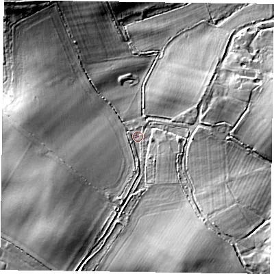 Shaded relief map of the ground around RG278DB, computed from Environment Agency LiDAR. The ground here sits at about 75 m above sea level and falls 15 m across the surrounding 800 m. Surface water reaching this point runs off ground lying to the west-south-west, 8.2 m higher.