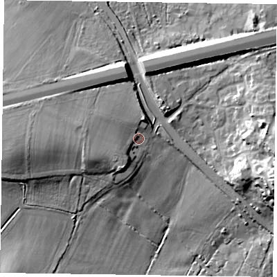 Shaded relief map of the ground around RG278DH, computed from Environment Agency LiDAR. The ground here sits at about 72 m above sea level and falls 24 m across the surrounding 800 m. Surface water reaching this point runs off ground lying to the west, 5.3 m higher.