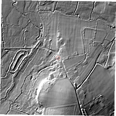 Shaded relief map of the ground around RG278JP, computed from Environment Agency LiDAR. The ground here sits at about 62 m above sea level and falls 19 m across the surrounding 800 m. Surface water reaching this point runs off ground lying to the south-south-east, 12.9 m higher.