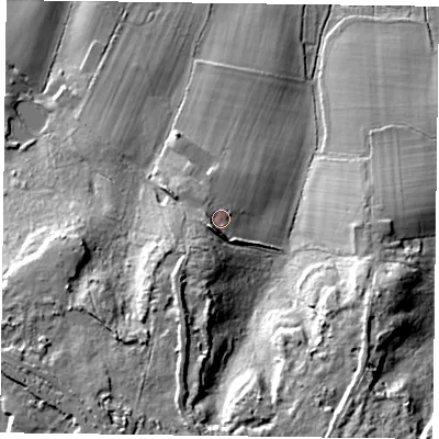 Shaded relief map of the ground around RG278LT, computed from Environment Agency LiDAR. The ground here sits at about 72 m above sea level and falls 34 m across the surrounding 800 m. Surface water reaching this point runs off ground lying to the south-west, 6.4 m higher.