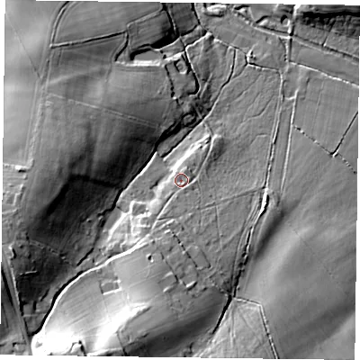 Shaded relief map of the ground around RG278ND, computed from Environment Agency LiDAR. The ground here sits at about 60 m above sea level and falls 32 m across the surrounding 800 m. Surface water reaching this point runs off ground lying to the south-south-west, 6.5 m higher.