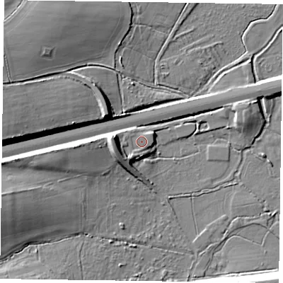 Shaded relief map of the ground around RG278SH, computed from Environment Agency LiDAR. The ground here sits at about 64 m above sea level and falls 15 m across the surrounding 800 m. Surface water reaching this point runs off ground lying to the west-south-west, 5.1 m higher.