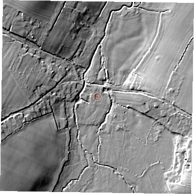 Shaded relief map of the ground around RG278SX, computed from Environment Agency LiDAR. The ground here sits at about 66 m above sea level and falls 15 m across the surrounding 800 m. Surface water reaching this point runs off ground lying to the north, 0.5 m higher.