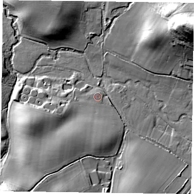 Shaded relief map of the ground around RG278UX, computed from Environment Agency LiDAR. The ground here sits at about 58 m above sea level and falls 37 m across the surrounding 800 m. Surface water reaching this point runs off ground lying to the south-south-west, 8.6 m higher.