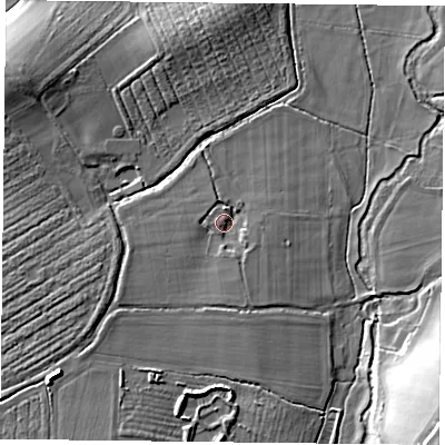 Shaded relief map of the ground around RG279AQ, computed from Environment Agency LiDAR. The ground here sits at about 64 m above sea level and falls 20 m across the surrounding 800 m. Surface water reaching this point runs off ground lying to the south, 4.1 m higher.