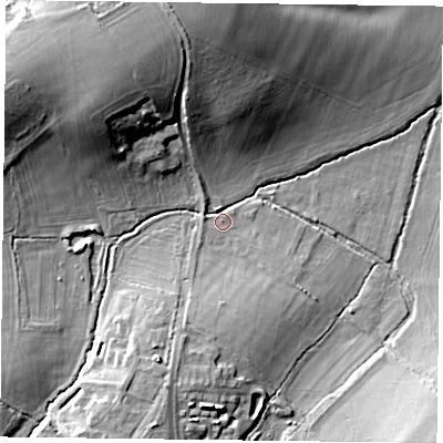 Shaded relief map of the ground around RG279DB, computed from Environment Agency LiDAR. The ground here sits at about 65 m above sea level and falls 22 m across the surrounding 800 m. Surface water reaching this point runs off ground lying to the north-north-west, 19.4 m higher.