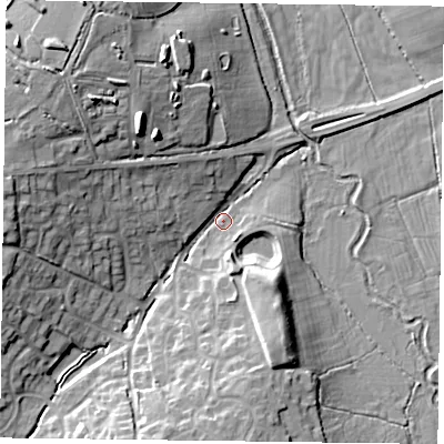 Shaded relief map of the ground around RG279EL, computed from Environment Agency LiDAR. The ground here sits at about 64 m above sea level and falls 18 m across the surrounding 800 m. Surface water reaching this point runs off ground lying to the west, 15.2 m higher.
