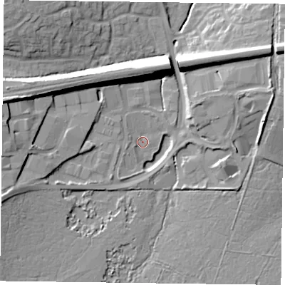 Shaded relief map of the ground around RG279FF, computed from Environment Agency LiDAR. The ground here sits at about 69 m above sea level and falls 17 m across the surrounding 800 m. Surface water reaching this point runs off ground lying to the west-south-west, 12.2 m higher.