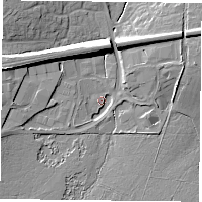 Shaded relief map of the ground around RG279FG, computed from Environment Agency LiDAR. The ground here sits at about 69 m above sea level and falls 16 m across the surrounding 800 m. Surface water reaching this point runs off ground lying to the east-north-east, 11.7 m higher.