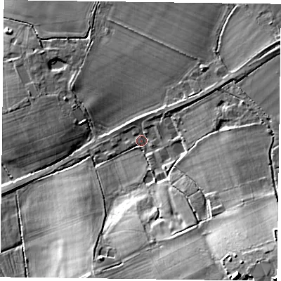 Shaded relief map of the ground around RG279GR, computed from Environment Agency LiDAR. The ground here sits at about 67 m above sea level and falls 23 m across the surrounding 800 m. Surface water reaching this point runs off ground lying to the south-east, 18.9 m higher.