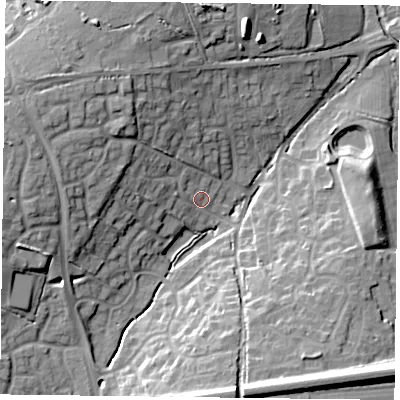 Shaded relief map of the ground around RG279LQ, computed from Environment Agency LiDAR. The ground here sits at about 68 m above sea level and falls 19 m across the surrounding 800 m. Surface water reaching this point runs off ground lying to the west-north-west, 10.2 m higher.
