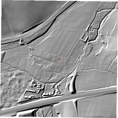 Shaded relief map of the ground around RG279PA, computed from Environment Agency LiDAR. The ground here sits at about 70 m above sea level and falls 19 m across the surrounding 800 m. Surface water reaching this point runs off ground lying to the west-south-west, 1.3 m higher.